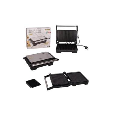 Imagem de Sanduicheira Elétrica Grill 1000W, Inox, Revestimento Antiaderente, 127V, 27x24x8cm, Moderna Lanches Grelhados Multiuso Dia A Dia Portátil Camping
