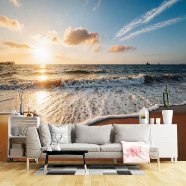 Imagem de Murais de parede de tamanho personalizado, tecido de parede autoadesivo de praia pôr do sol (sem PVC) Papel de parede grande removível para sala de estar, quarto, escritório