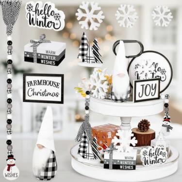 Imagem de Decoração de casa de fazenda para bandeja em camadas de madeira natal inverno bandeja em camadas decoração floco de neve olá inverno mesa de madeira placas de mesa preto branco búfalo xadrez gnomo contas rústicas boneco de neve ornamentos de mesa (floco de somve)