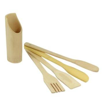 Imagem de Kit 5 Utensílios de Bambu Com Suporte para Cozinha Espátulas de Bambu Garfo de Bambu e Colheres Anti-Risco Cozinhe Sem Riscar Panelas Design Natural e Durável