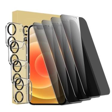 Imagem de Pacote com 4 protetores de tela de privacidade para iPhone 12 [6,1 polegadas] + pacote com 4 protetores de lente de câmera antiespião, película de vidro temperado privada, [dureza 9H] - HD
