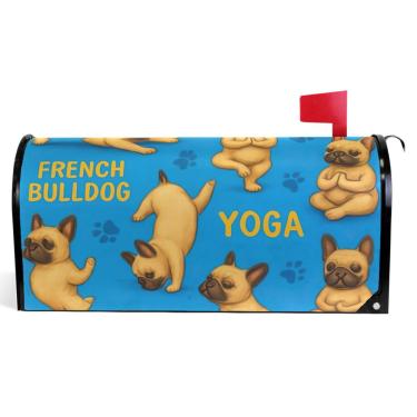 Imagem de TSENQUE Capas magnéticas decorativas para caixas de correio fofas buldogues francesas engraçadas caixa de correio azul outono vinil decorações de caixa de correio moderna tamanho grande 64,5 x 52,8 cm