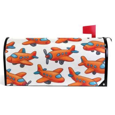 Imagem de TSENQUE Capas decorativas para caixa de correio magnética, envoltórios de caixa de correio de vinil à prova de intempéries, decoração de caixa de correio de férias com desenho fofo aviões laranja