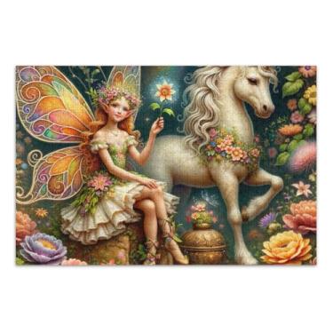 Imagem de Quebra-cabeça de 500 peças, quebra-cabeça de cavalo de flor, presente faça você mesmo, com bolsa de armazenamento de malha, quebra-cabeça de desafio para adultos, 52 cm C x 37,8 cm L