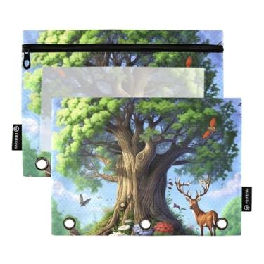 Imagem de GAIGEO Fichário com 3 anéis de animais de carvalho verde bolsa para lápis estojo de lápis fichário com zíper para meninos pastas escolares bolsos transparentes tecido 25 x 18 cm, 2 pacotes