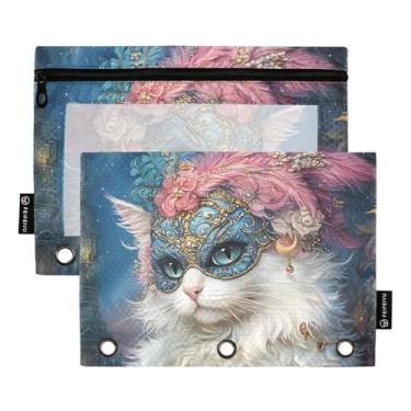 Imagem de Fichário de gato branco vintage com 3 anéis, bolsa para lápis, fichário com zíper, caneta, fofo, escola, transparente, fichário, bolsos, trabalho 25 x 18 cm, 2 pacotes