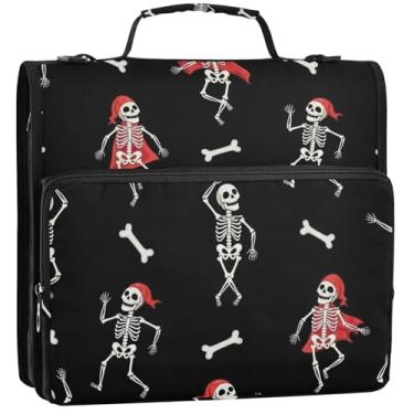 Imagem de Esqueletos engraçados ossos pretos 3 anéis fichários resistentes com zíper bolsa organizadora de fichários escolares com alça de ombro portfólio e estojo suporte de pasta de anel 34,5 x 31,5 x 9 cm