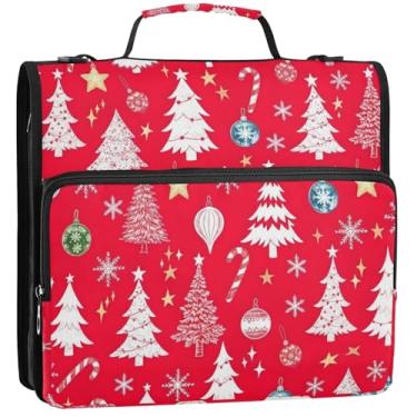 Imagem de Organizador de fichário colorido com zíper, 3 anéis, 3 anéis, branco, para árvores de Natal, estojo com alça para fichários escolares com alça de ombro, 34,5 x 31,5 x 9 cm