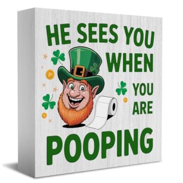 Imagem de St. Patricks Day Decor Interessante He Sees You When You Re Pooping Country Tyle Box Sign, decoração de banheiro para amigos, colegas e presentes para a família, enfeite de 12 x 12 cm
