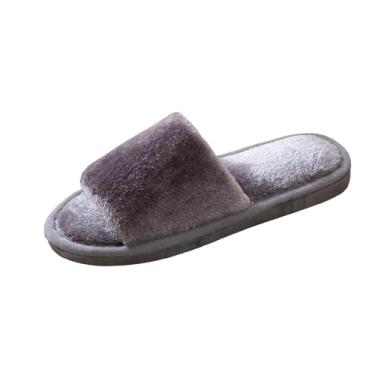 Imagem de Chinelo feminino casual versátil quente com uma alça aberta e peludo elegante outono e inverno sandálias internas de sola grossa, Cinza, 36