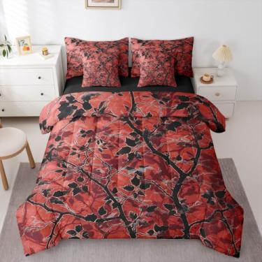 Imagem de Conjunto de cama King de camuflagem vermelha, 7 peças, cama rústica em uma bolsa, ramos da floresta com folhas, conjunto de edredom, lençol de almofada, fronhas e fronhas, decoração de quarto