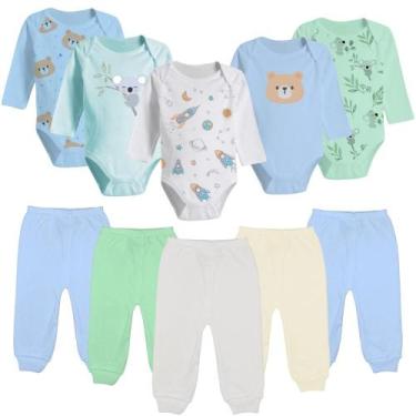 Imagem de Kit 10 Peças Body Longo Estampado e Mijão Liso Roupa de Bebê - Koala B