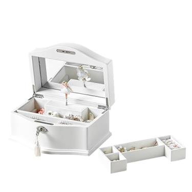 Imagem de Arlo Belle Caixa de joias musical de madeira para meninas com espelho e trava de chave, presente para crianças em aniversários e feriados (rosa, pequeno) (branco, grande)