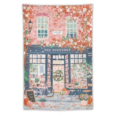 Imagem de Tapeçaria de fachada de livraria de primavera, tapeçaria de parede floral rosa de tinta a óleo, decoração sazonal aconchegante para sala de estar, quarto, decoração de arte de natureza quente