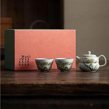 Imagem de Conjunto de chá da tarde 1 pote 2 xícaras conjunto de cerimônia de chá serviços de chá decoração caixa de presente pintada à mão conjunto de chá de flor de glicínia conjunto completo conjunto de chá