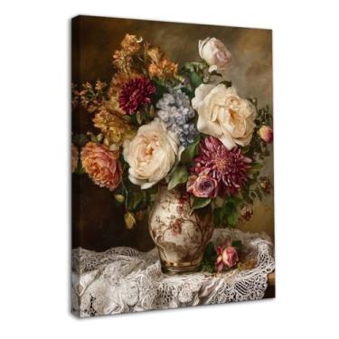 Imagem de Dazzlewall Decoração de parede floral clássica emoldurada, flores vintage maximalismo em vaso pintura retro estética arte impressão para decoração de quarto sala de estar, 30,5 x 40,6 cm
