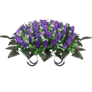 Imagem de IDMOP 3 conjuntos de flores artificiais de cemitério para sepultura, 1 sela e 2 buquês de memorial com vaso para decorações de túmulos (1, roxo)