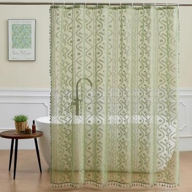 Imagem de WAZZIO Cortina de chuveiro de renda verde sálvia - Cortinas de chuveiro vintage bonitas florais transparentes com 12 ganchos de plástico, cortinas de banho decorativas elegantes com borla para