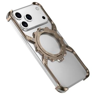 Imagem de Capa resistente para iPhone 17/17 Air/17 Pro/17 Pro Max, proteção de tela contra batidas de metal com tampa de lente aba, função de suporte e carregamento sem fio compatível (latão, 17 Pro Max)