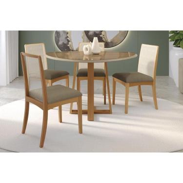 Imagem de Mesa Cozinha Elma Premium Madeira Maciça c/ Tampo Madeirado c/ Vidro 135x105cm e 4 Cadeiras Lara Carvalho/Off White - Boucle Bege Fendi-Kappesberg
