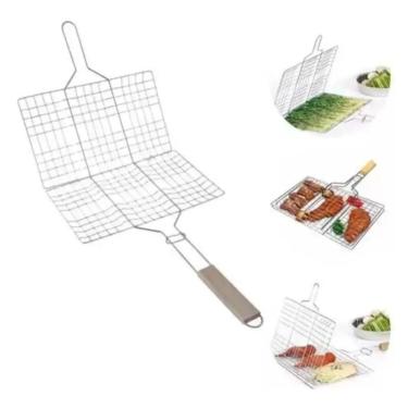 Imagem de Grelha Dupla para Churrasco | Ferro Cromo | Cabo de Madeira | Pequena | Pão de Alho | Milho | Carnes | Linguiça | Frango | Peixe