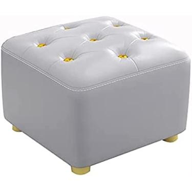 Imagem de Elegante descanso de pés otomano cinza com botão dourado, pequeno pufe de couro para sofá, móveis elegantes de 30 x 30 x 25 cm, perfeito para sala de estar e quarto