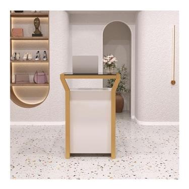 Imagem de Mesa de recepção, balcão frontal com gaveta com trava, balcão de recepção com grande armário de armazenamento, mesa de recepção moderna, balcão de varejo para salão, recepção, escritório de check-out