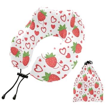 Imagem de Burbuja Almofada de pescoço com coração Strawbow para viagens, almofada de viagem de espuma viscoelástica para dormir, suporte de cabeça de avião e carro, lavável na máquina e portátil