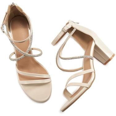 Imagem de Ecetana Sandálias femininas de salto aberto, tira no tornozelo, fivela, strass, bloco, grosso, sexy, para festa de casamento, Bege, 38