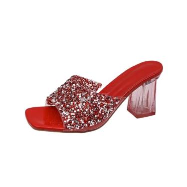 Imagem de Sandálias femininas elegantes com salto transparente para uso casual de verão, Vermelho, 38