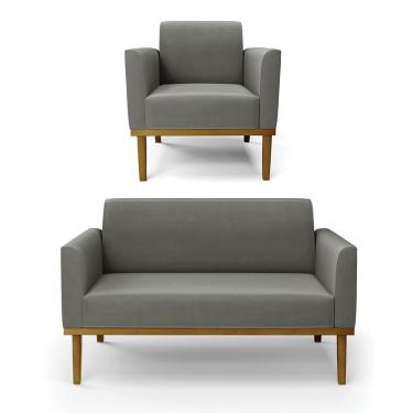 Imagem de Conjunto Poltrona e Namoradeira Decorativa Isabella Pés Fixo em Madeira Castanho Suede Grafite G19 - Gran Belo