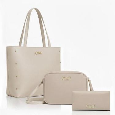 Imagem de Bolsa Feminina Kit 3 Sacola Grande Transversal e Carteira Cor:Marfim -