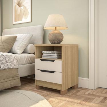 Imagem de Mesa de Cabeceira 2 Gavetas 100% Mdf Barcelona Off White/Carvalho