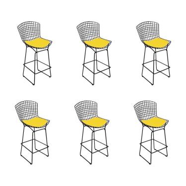 Imagem de Kit 6 Banquetas Bistrô Bertoia Preta D80 Com Assento Amarelo