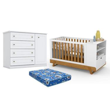 Imagem de Berço Multifuncional Bkids Branco Freijó Eco Wood - Matic E Cômoda Infantil Americano Branco Hp E Colchão Ortobom - Henn
