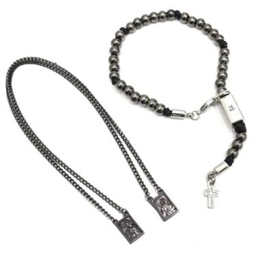 Imagem de Kit Pulseira Masculina Estilo Terço Cruz Crucifixo + Corrente Escapulá