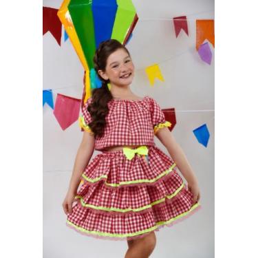 Imagem de Conjunto Xadrez Junino Infantil Vermelho Cropped Saia Festa Junina Cai