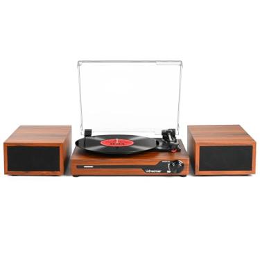Imagem de Toca-discos de vinil com alto-falantes, toca-discos portátil Bluetooth para discos de vinil, leitor de LP fonógrafo com 3 velocidades USB RCA em marrom vintage
