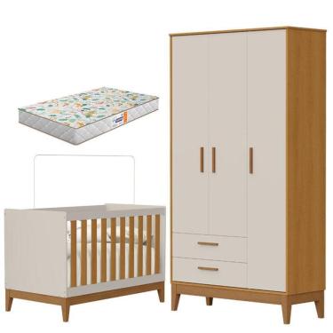 Imagem de Guarda Roupa Infantil 3 Portas com Berço Americano Flip Areia Acetinado Savana com Colchão Gazin - Reller