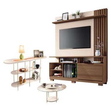 Imagem de Estante Home Theater Artheo com Mesa de Centro Sky com tampo de vidro e Aparador Infinity Castanho Off White - Hb Móveis