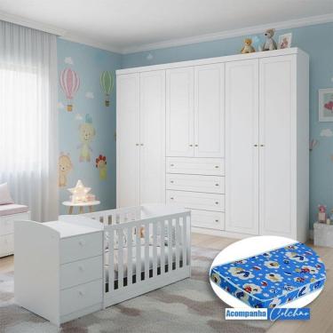 Imagem de Berço Multifuncional Atlanta e Guarda Roupa 6 Portas Americano Ambiente Branco Fosco Henn com Colchão Ortobom - Reller