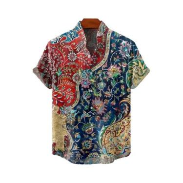 Imagem de Camisa Masculina Vintage De Linho Com Manga Curta E Estampa De Flor Ma