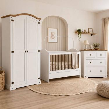 Imagem de Quarto para Bebê Compacto 4 Peças com Colchão Smile Creme/Carvalho