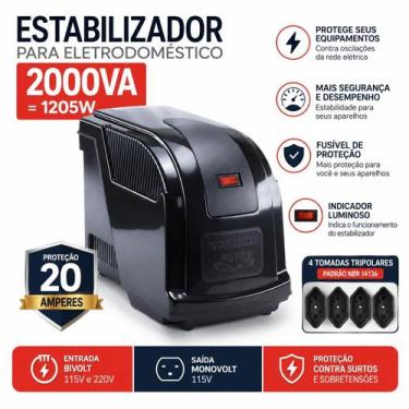 Imagem de Estabilizador para Eletrodoméstico 2000VA 115V Regula Tensão Preto - F