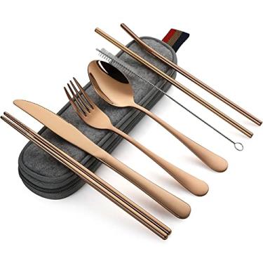 Imagem de DEVICO Utensílios portáteis, conjunto de talheres de acampamento para viagem, 8 peças, incluindo faca, garfo, colher, pauzinhos, escova de limpeza, canudos, estojo portátil, conjunto de talheres de