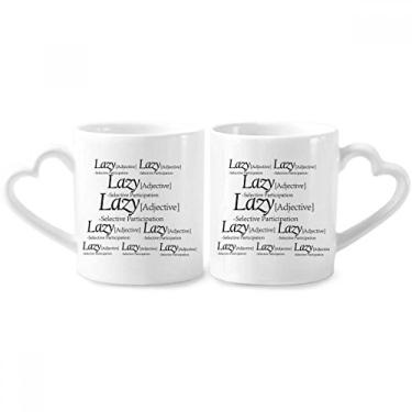 Imagem de Conjunto de canecas de porcelana para casal com citação engraçada Significado de preguiçoso com alça de coração