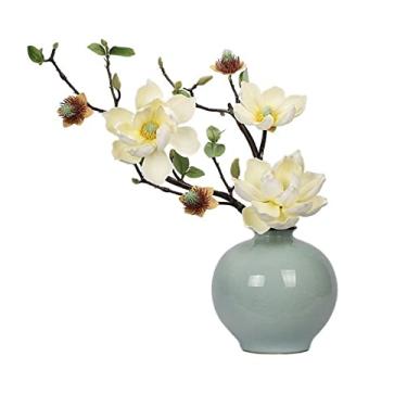 Imagem de Flores artificiais vaso de cerâmica clássico decoração de flor artificial simulação magnólia terno varanda sala de estar decoração de mesa vaso de cerâmica decoração de flores (cor: bege, tamanho: latão)