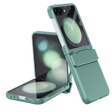 Imagem de HAZARA Capa à prova de choque para Samsung Galaxy Z Flip 5, capa de toque sedoso, película temperada, proteção de tela, à prova de quedas, capa de telefone com dobradiça de PC, verde