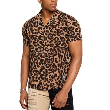 Imagem de Verdusa Camisa masculina de manga curta com estampa de zebra de leopardo, Marrom, M