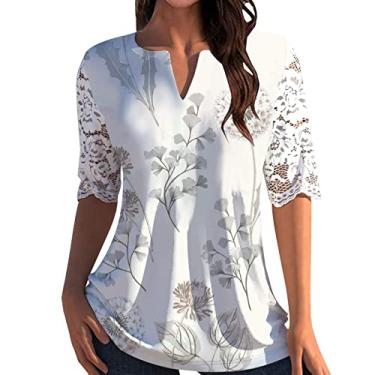 Imagem de Top de verão para mulheres, renda, manga curta, gola em v, túnica, ajuste solto, blusa casual estampada, camiseta gráfica Camiseta Elegante com de gráfica flor floral I88-Bronze X-Large